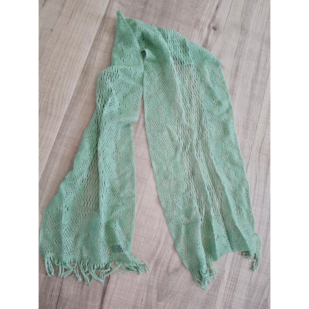 Vintage Mint Green Open Knit Scarf Fringe Trim Pointelle Mesh Made in Japan - Picture 7 of 7